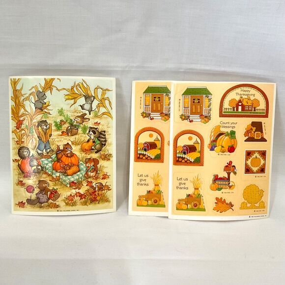 Vintage Stickers Hallmark Sticker Sheet Lot 80s Thanksgiving Cute Animals Fall - Picture 1 of 9